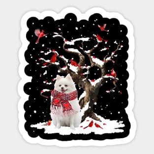 White Pomeranian Scarf Cardinal Snow Christmas Sticker